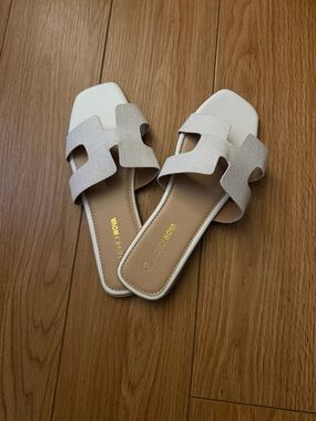 Fashion Nova White Textured H-Strap Slide Sandals